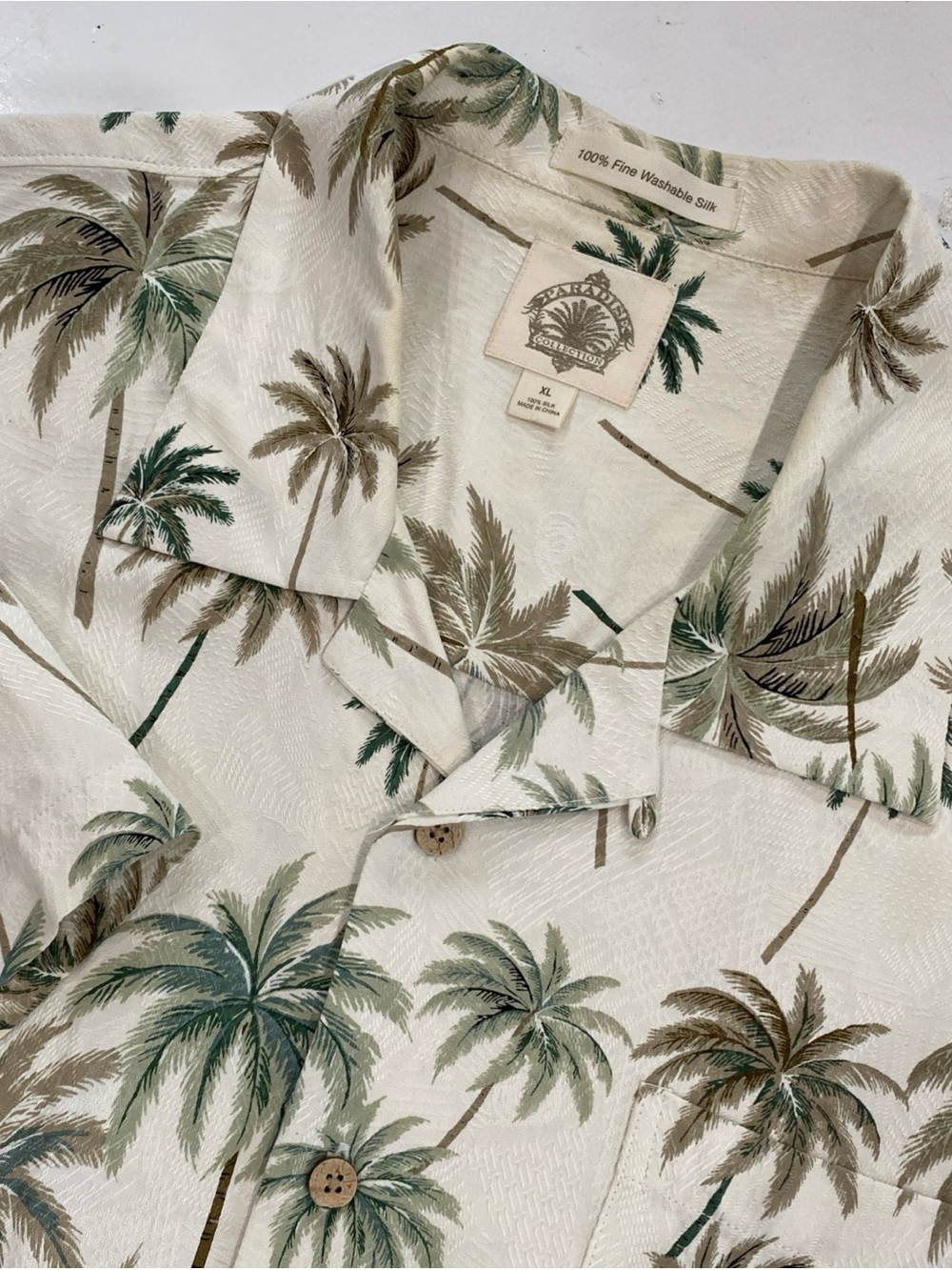 Island-style EUC Silk Palm Print Short Sleeve Shirt - Cream/Green